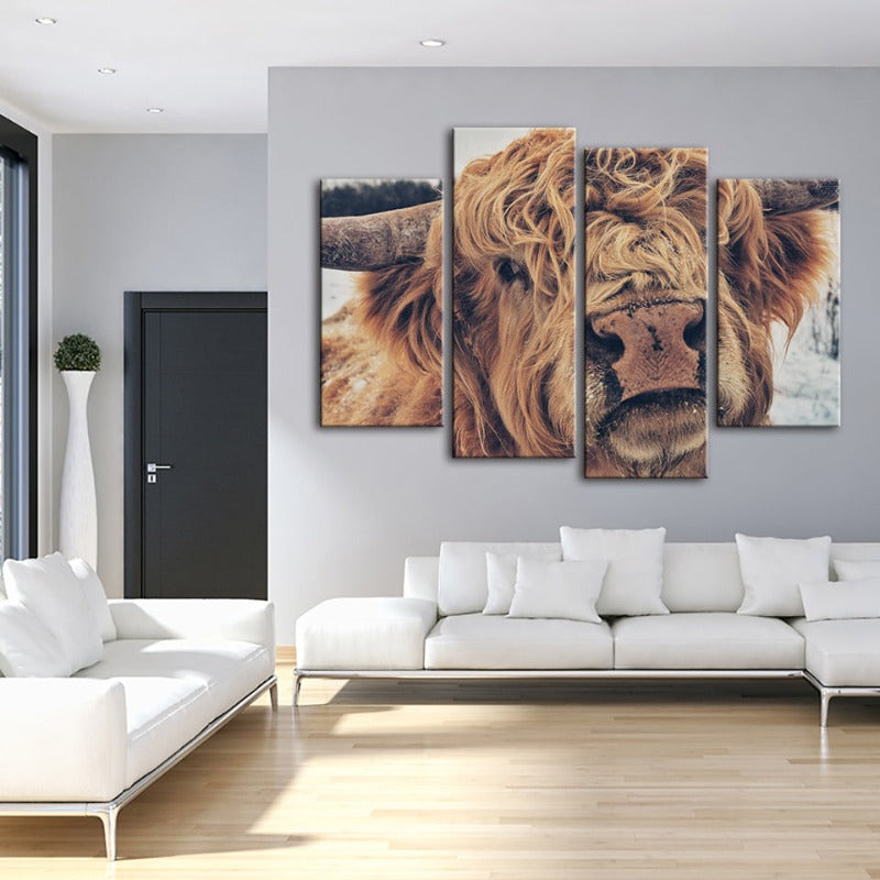 4 Piece Close Up Brown Cow - Canvas Wall Art Painting | Skanto