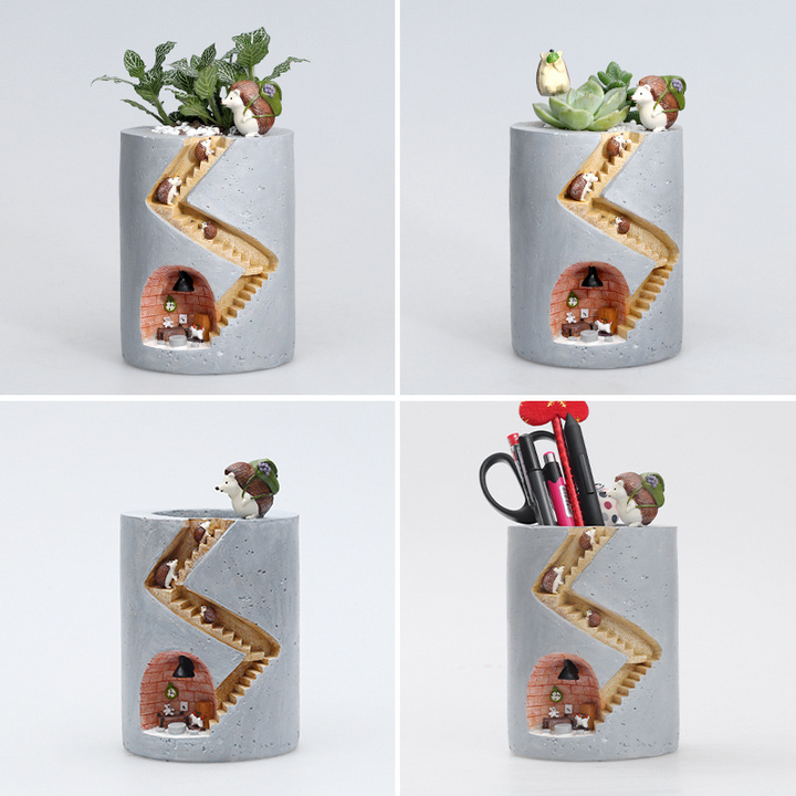 Skanto | Decorative plant pot with hedgehog and rabbit miniature – Creative staircase design for plants