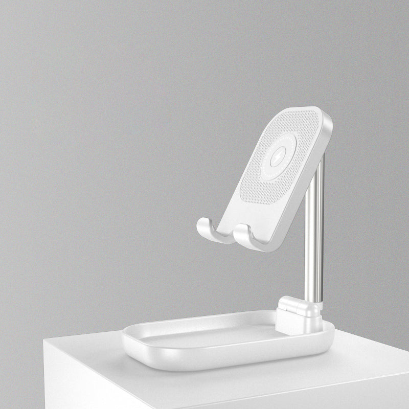 Skanto | Sammenleggbar og Justerbar Telefonholder med 10W Trådløs Hurtiglading, Opptil 25,8 cm, Lampe, Antiskli Panel, Mini Hylle, Passende for Telefoner og Nettbrett