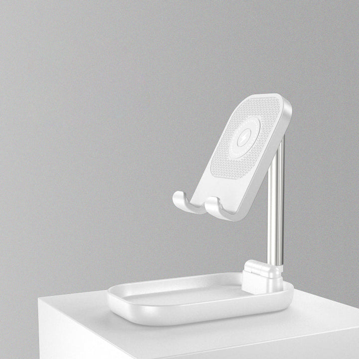 Skanto | Sammenleggbar og Justerbar Telefonholder med 10W Trådløs Hurtiglading, Opptil 25,8 cm, Lampe, Antiskli Panel, Mini Hylle, Passende for Telefoner og Nettbrett