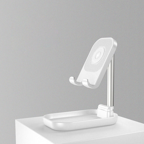 Skanto | Sammenleggbar og Justerbar Telefonholder med 10W Trådløs Hurtiglading, Opptil 25,8 cm, Lampe, Antiskli Panel, Mini Hylle, Passende for Telefoner og Nettbrett