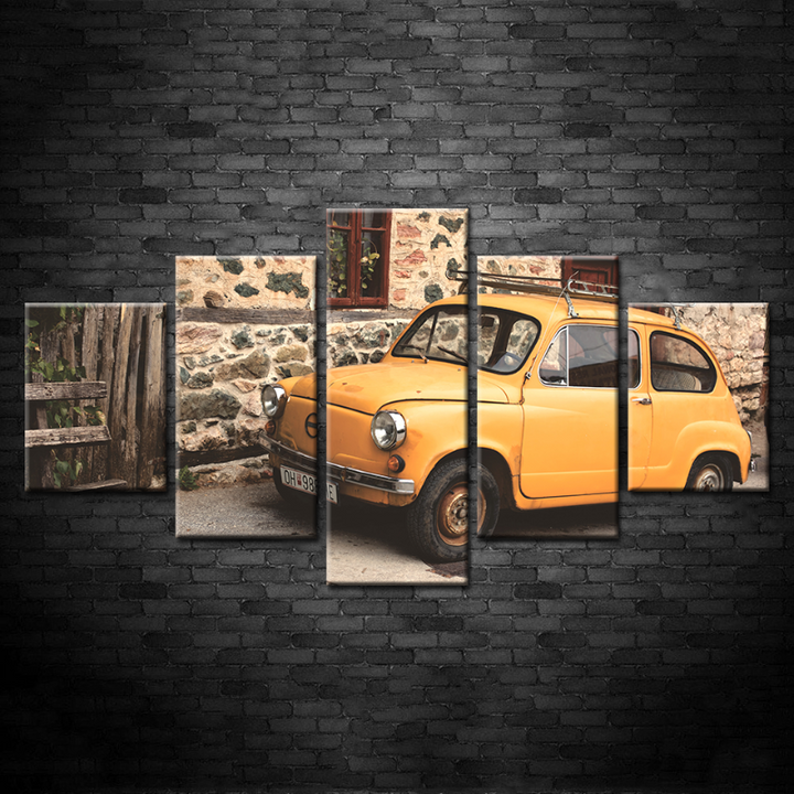 5 stk - Gult Klassisk Vintage-Bil - Lerret Veggkunst Maleri | Skanto