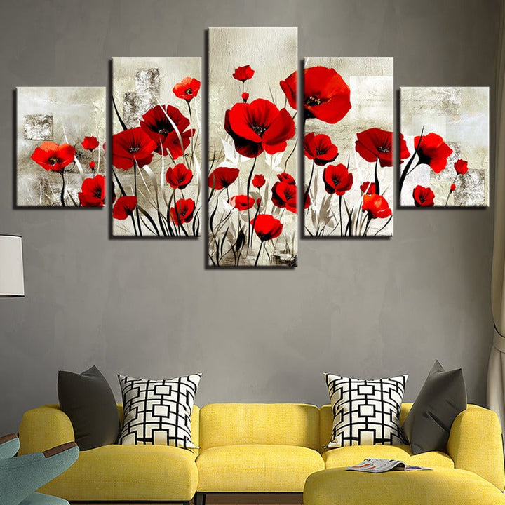 5 stk Røde Tulip blomster - Lerret Veggkunst Maleri | Skanto