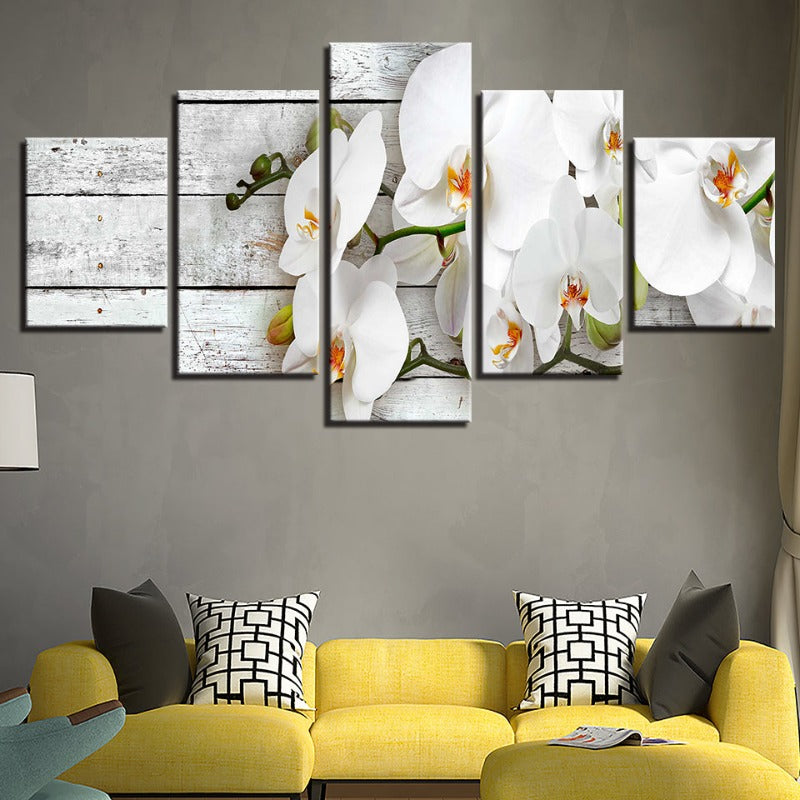 5-delt oransje farge hvit-blomst - lerret veggkunst maleri | Skanto