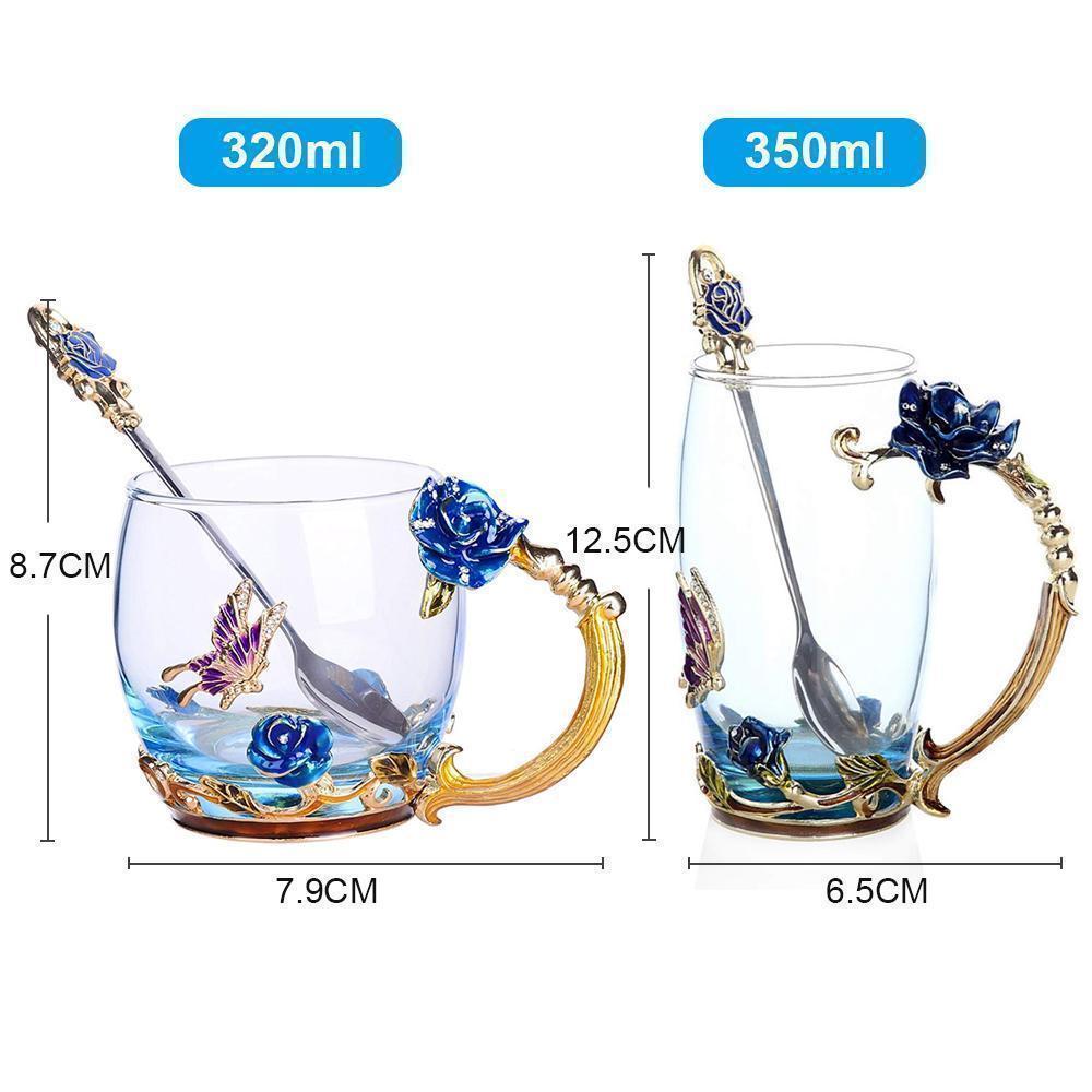 Emalje Rose Glass Tekopp Sett (Med Skje) | Skanto