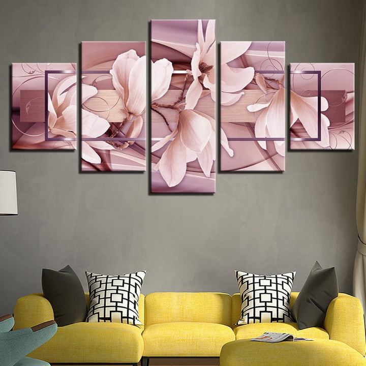 5-delt lys rosa blomster - lerret veggkunst maleri | Skanto