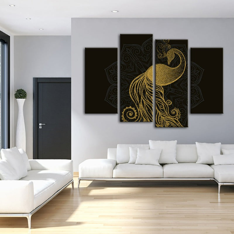 Abstract Golden Mandala Påfugl Lærred Veggkunst Maleri 4 Deler | Skanto