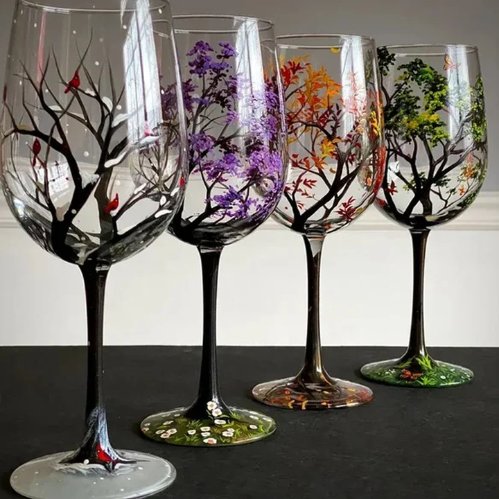 Fire Seasons Tree Vin Glass - Håndmalt Kunst | Skanto