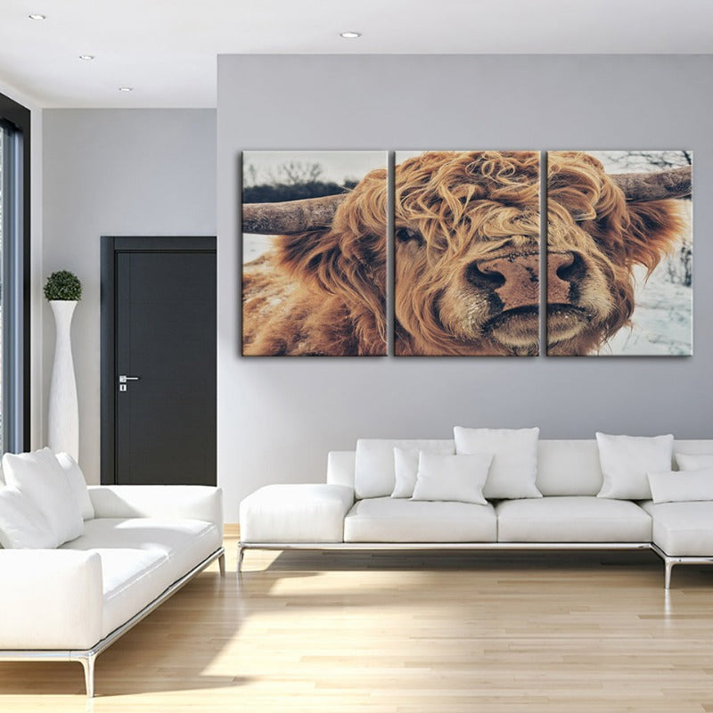 Close Up Brun Kuh-Canvas Veggkunst Maleri 3 Stykker | Skanto