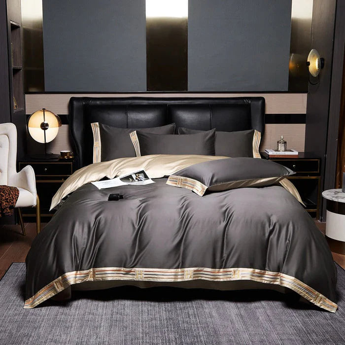 Skanto | Satin Cotton Embroidered Bedding Set - Luxora