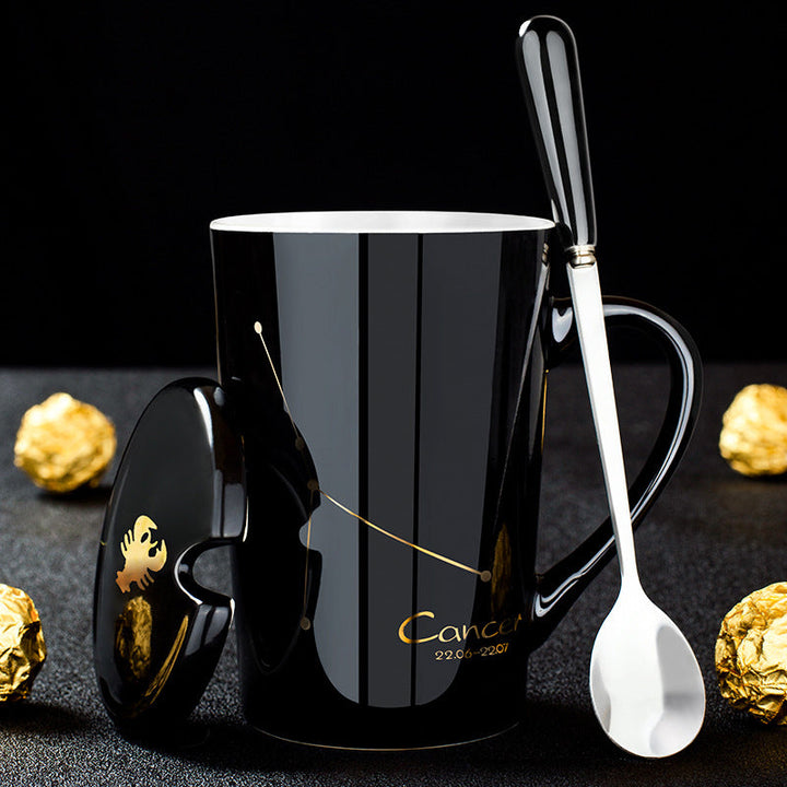 Skanto | 12 Zodiac Black Ceramic Mug with Lid and Spoon