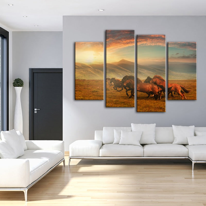 4 stk Løpende Hester Med Vakker Landskap - Lerret Vegg Kunst Maleri | Skanto