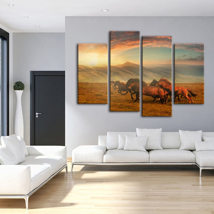 4 stk Løpende Hester Med Vakker Landskap - Lerret Vegg Kunst Maleri | Skanto
