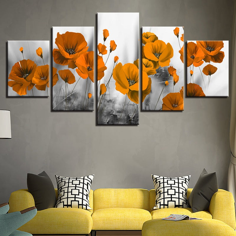 5 stk. orange blomster - lerret veggkunst maleri | Skanto