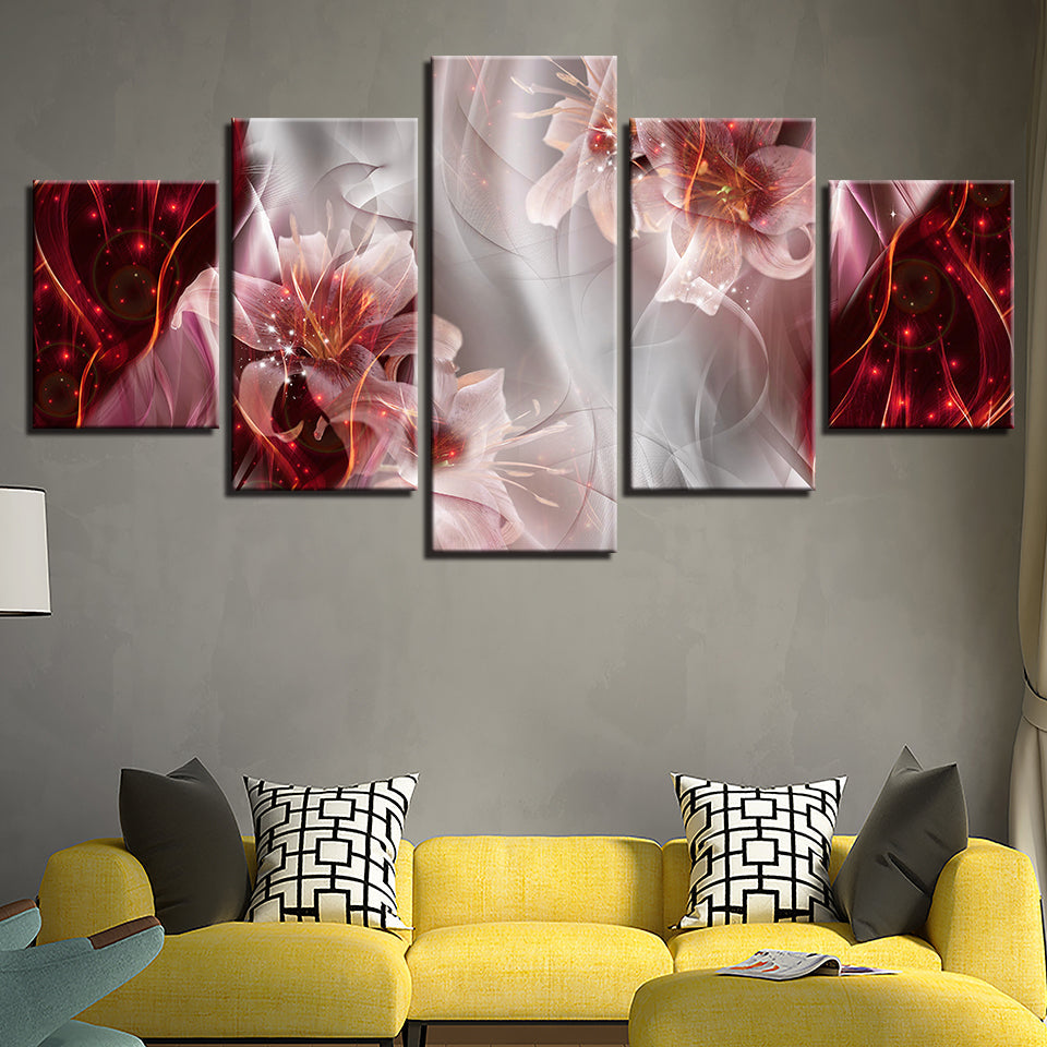 5 deler Rød Hvit Ombre Bakgrunn Rosa Blomst - Lerret Veggkunst Maleri | Skanto