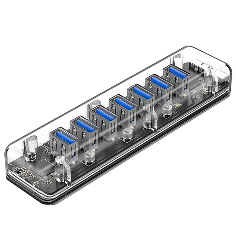 Skanto | 7-i-1 Transparent USB3.0 Hub med Strømtilkobling, for Kontor, Studie, Spill og Mer