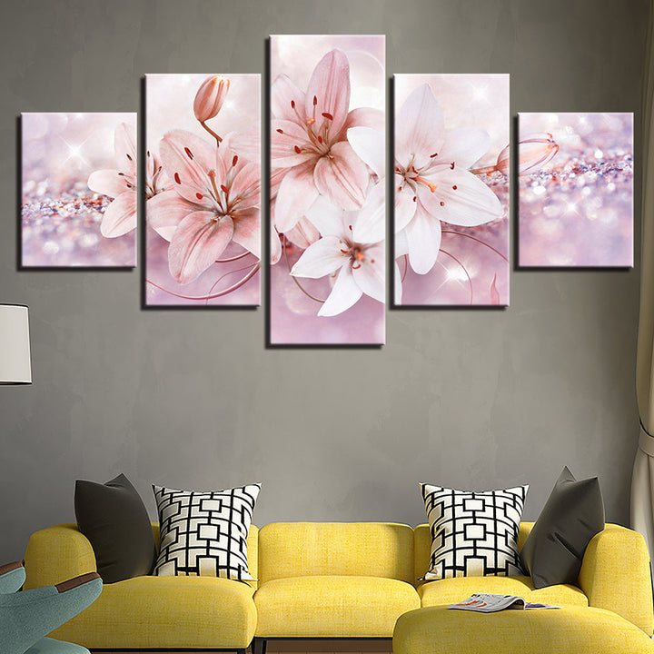Glitrende Myke Rosa Blomster 5 Stykker - Lærred Veggkunst Maleri