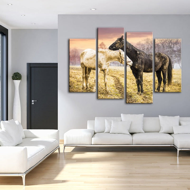 4-Piece Black & White Horses Canvas Wall Art Painting | Skanto