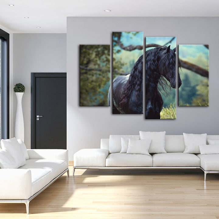 4 Piece Black Horse in Forest Canvas Wall Art Painting | Skanto