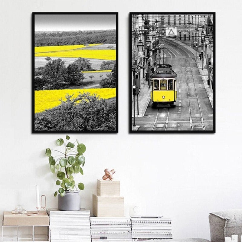 Vintage bybildeplakat og trykk i gult