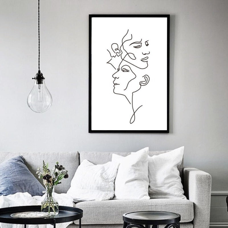 Abstract Love Kiss Svart og Hvit Linjer Plakat - Lerret Vegkunst Maleri | Skanto