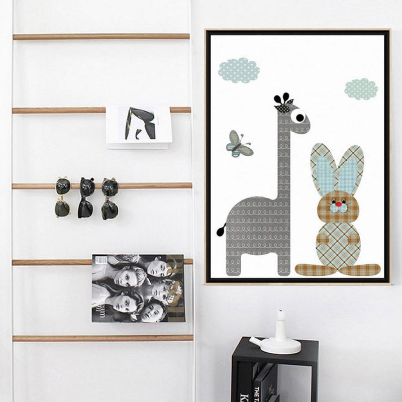 Cartoon Giraffe Rabbit Elephant Animals - Lerret Veggkunst Maleri | Skanto