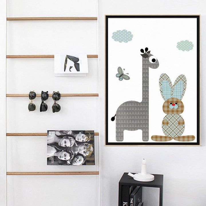 Cartoon Giraffe Rabbit Elephant Animals - Lerret Veggkunst Maleri | Skanto