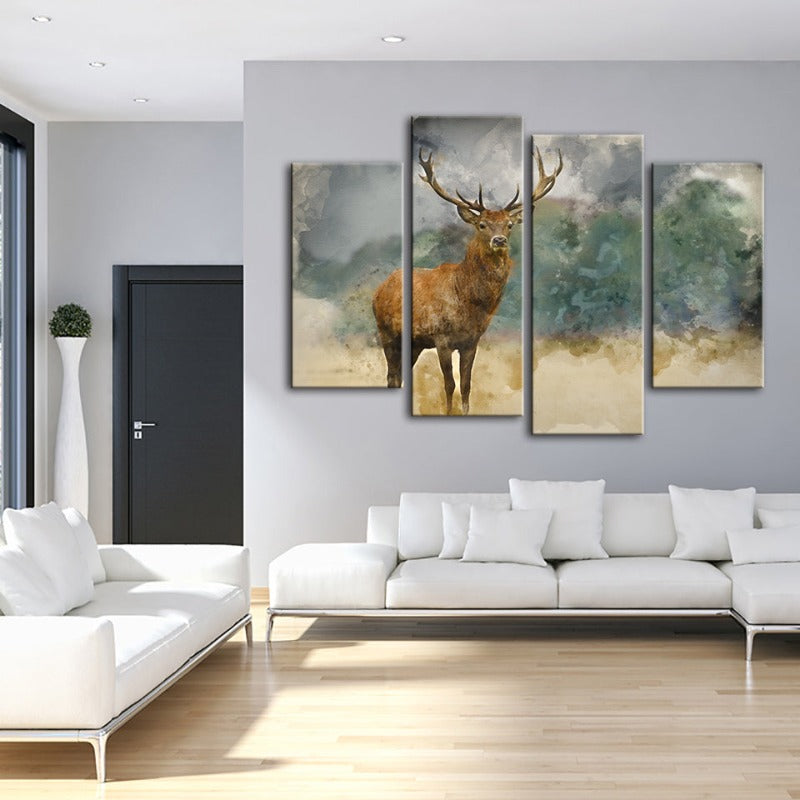4-delt Aquarell Ebenholz Hjort - Lærred Veggkunstmaleri | Skanto