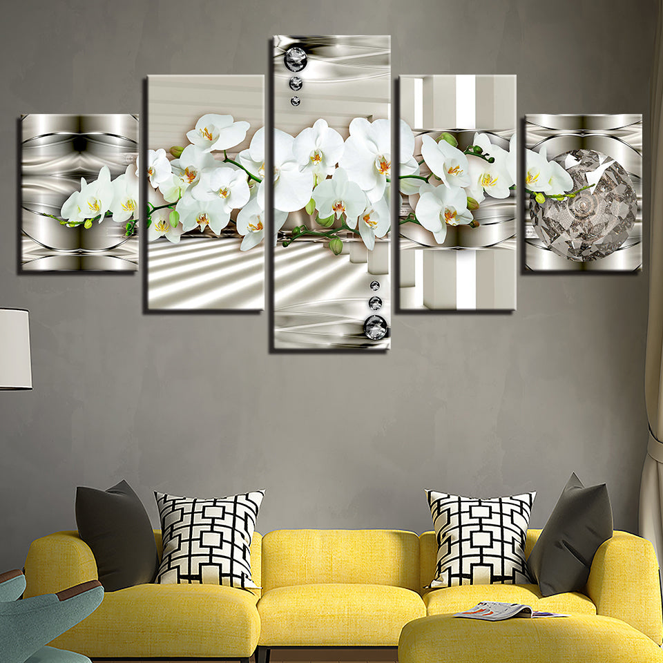 5 stk Hvit Metallic Bakgrunn Blomst - Lerret Veggkunst Maleri | Skanto
