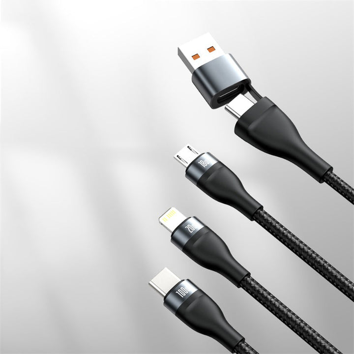 Skanto | 2-til-3 Hurtigladerkabel (1,2m), med dobbelt inngang og trippelt utgang, 100W strøm, kompatibel med PD 20W/QC 18W