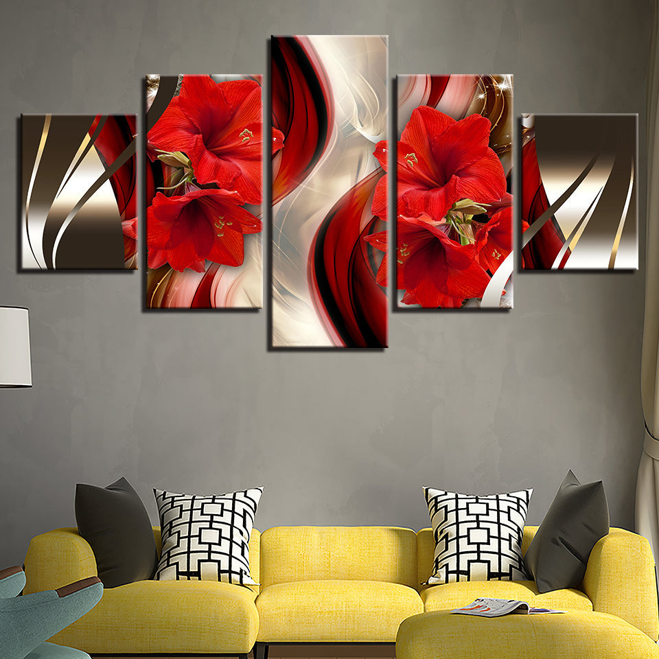 Fantastisk lerretsbilde i 5 deler med rød amaryllis