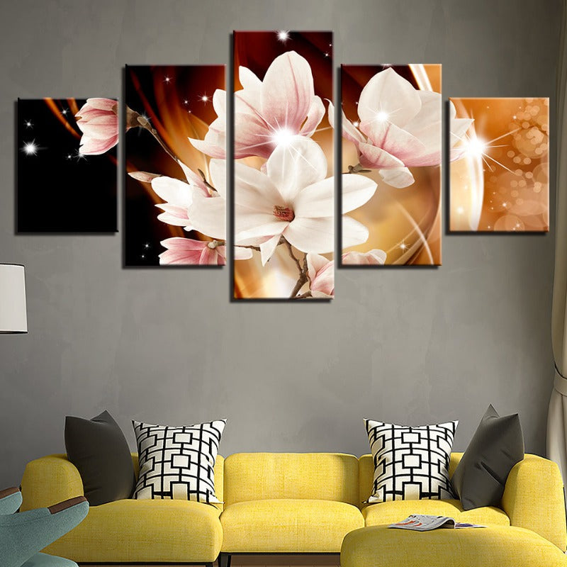 5 stk Oransje bakgrunn Hvit blomst - lerret veggkunst maleri | Skanto