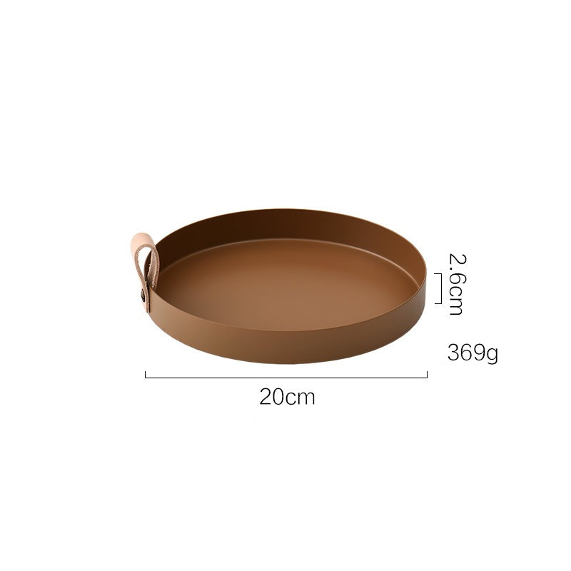 Norvo | Nordisk Stil Læderhåndtag Smidesjern Rundt Fat Plate Farge Oppbevaringsplate Vannglassplate Hjemmedekorasjon