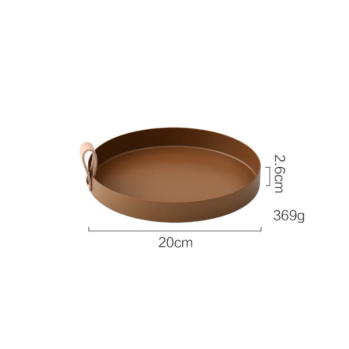 Skanto | Nordisk Stil Læderhåndtag Smidesjern Rundt Fat Plate Farge Oppbevaringsplate Vannglassplate Hjemmedekorasjon