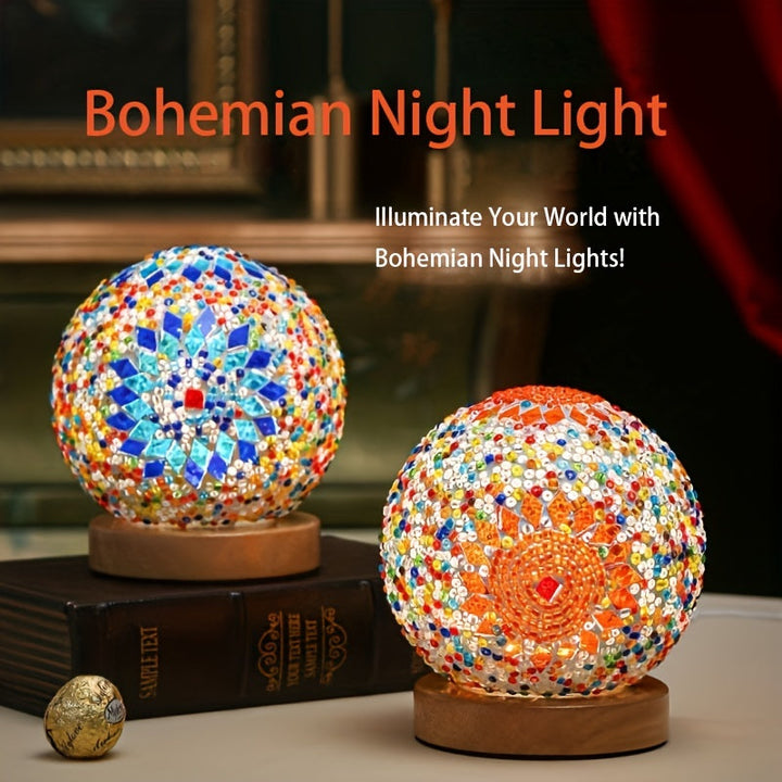 Skanto | Mosaikk glass kule bordlampe med trebase - Tyrkisk marokkansk inspirert