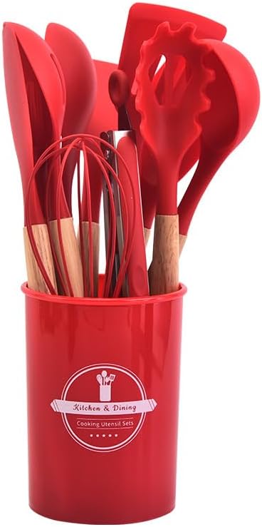 Skanto | Silikon Kjøkkenredskapsett | Nonstick Trygg | Treskaft | Varmeresistent