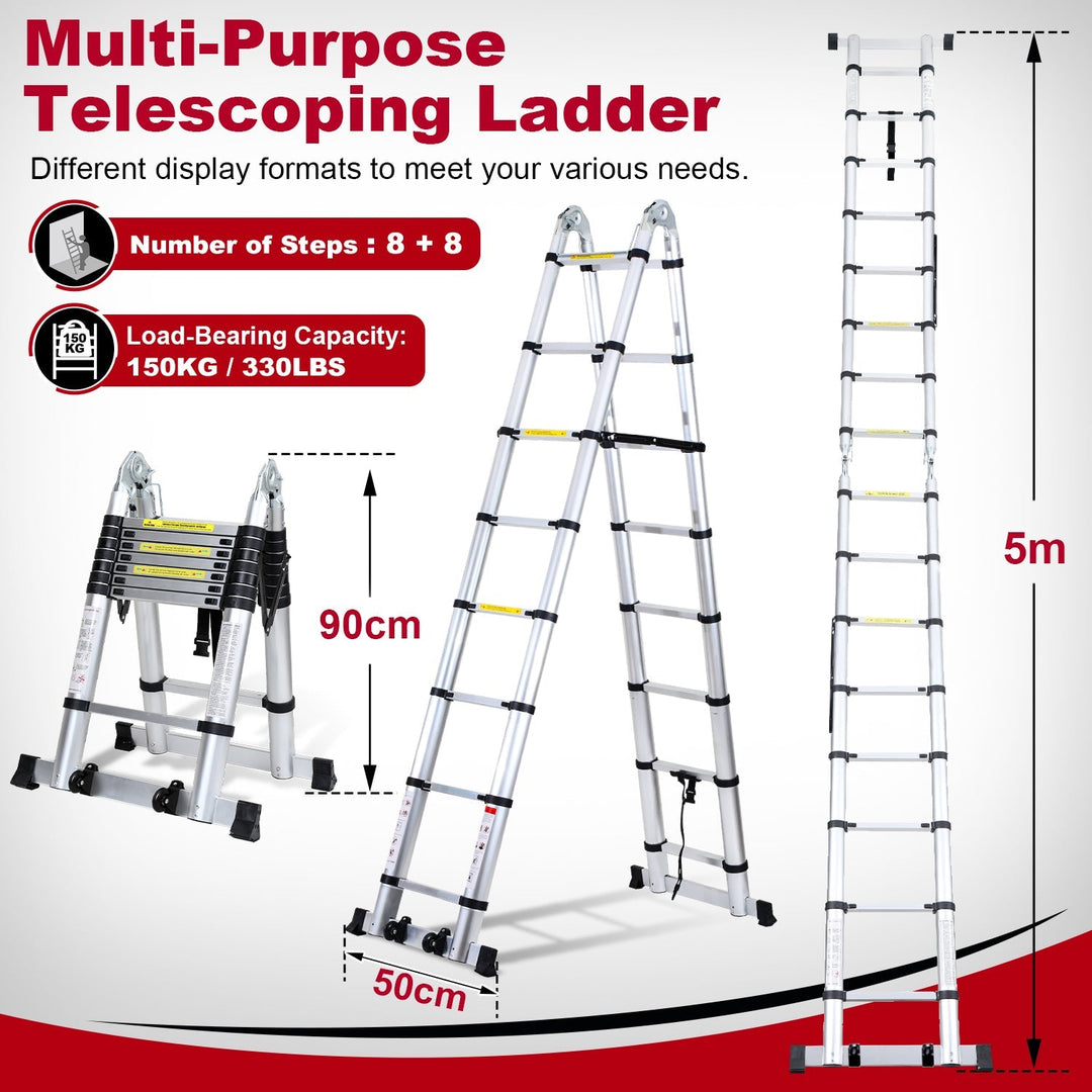 5M Aluminium Teleskopstiger Foldestiger med Hjul og Triangel Stabiliserer | Skanto