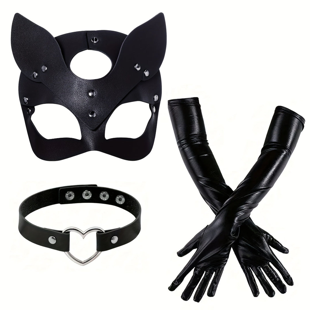 Skanto | Kvinners  Faux Leather Halloween Kostyme Tilbehør | Katt Maske Hansker