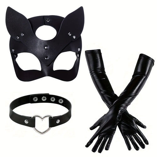 Skanto | Kvinners  Faux Leather Halloween Kostyme Tilbehør | Katt Maske Hansker