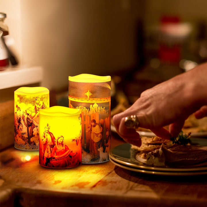 Skanto | Flameless LED Julelys – 3 stk Batteridrevne Hellig Natt Lys med Timer Som Viser Krybbescenen for En varm julehjemstemning
