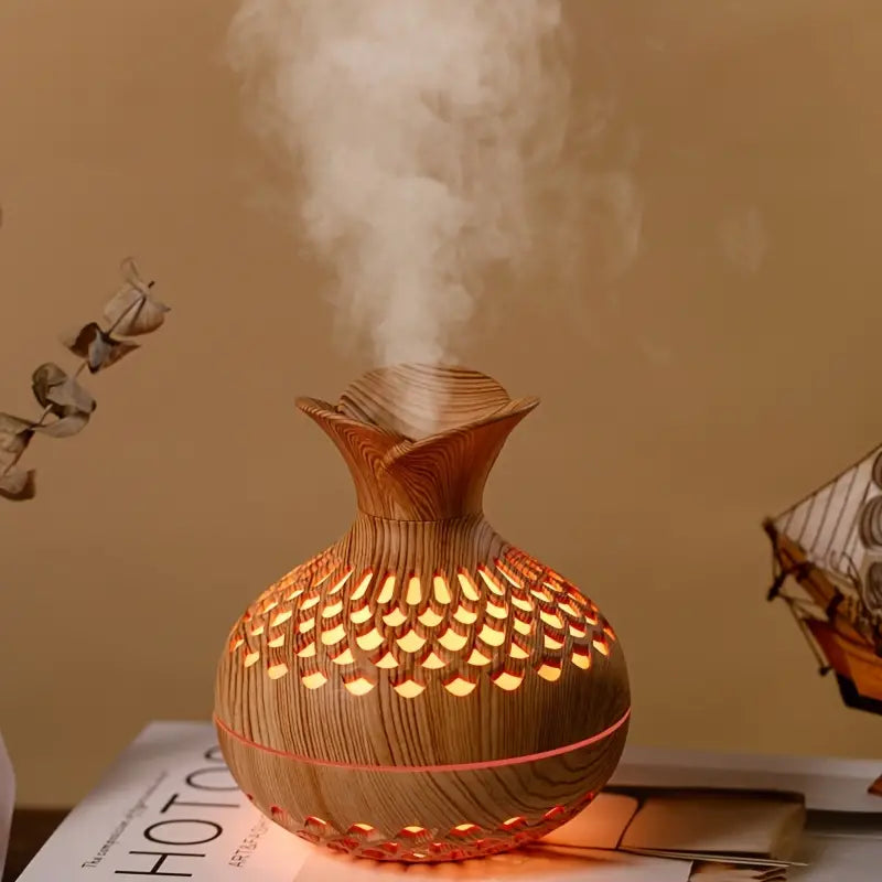 Skanto | LED Luftfukter med Sovebelysning – Elegant Design i Trestruktur