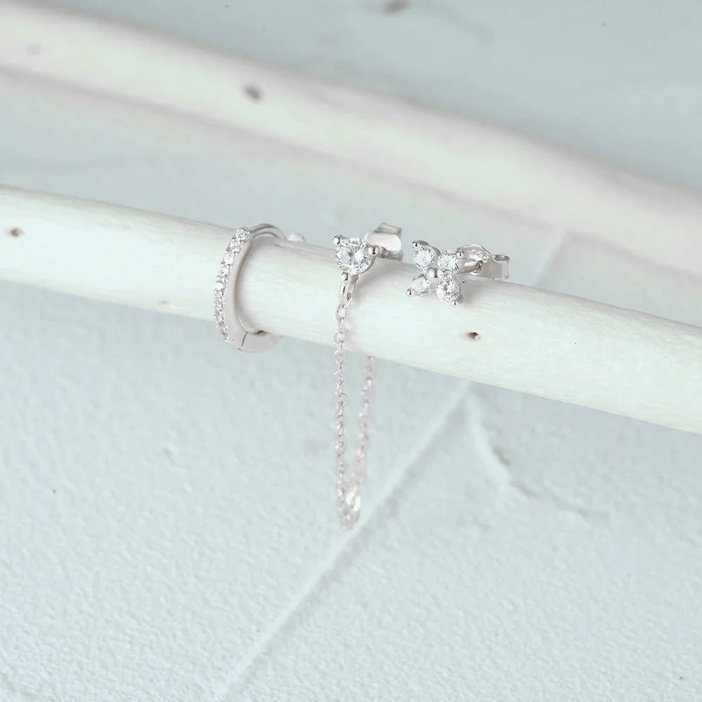 Skanto | 3pc Delikat Blomster Frynse Kjede Øredobber Sett