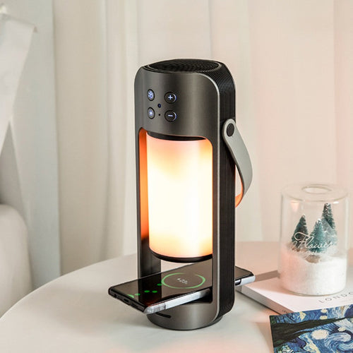 Skanto | Bærbar LED Flamme Bluetooth-høyttaler, med HD-høyttalere, 10W trådløs telefonlader, mikrofon, Hi-Fi lydeffekter og lang standby-tid, støtter TWS, for innendørs og utendørs
