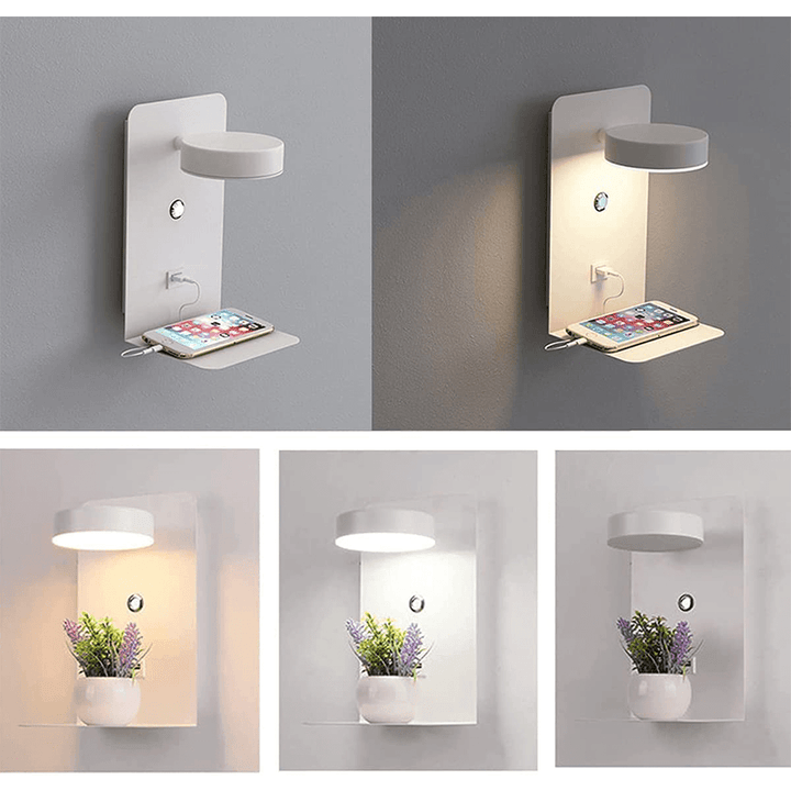 Skanto | BrightHub Nattlys | Justerbart Lys med USB og Hylle | 12W