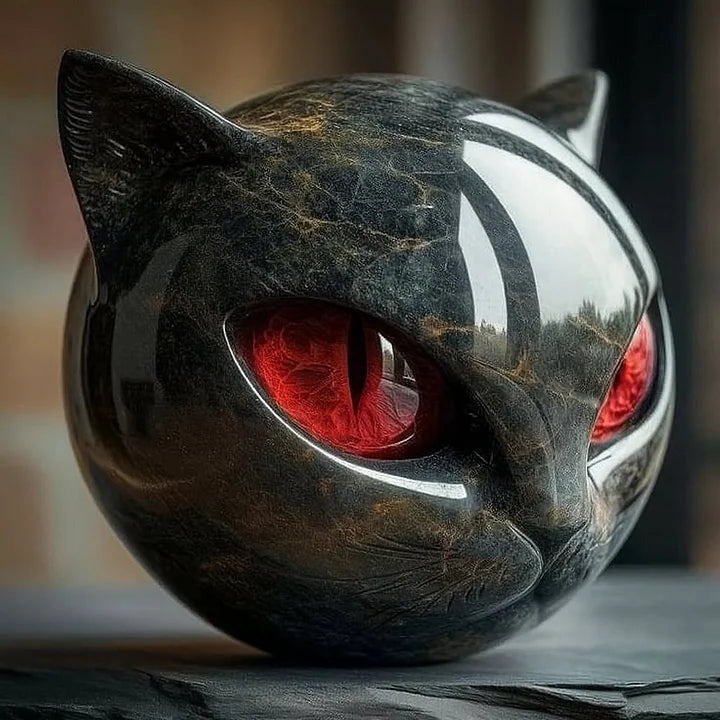 NoirCat Skulptur – Schwarzer Katzenkopf mit hypnotisierenden Augen