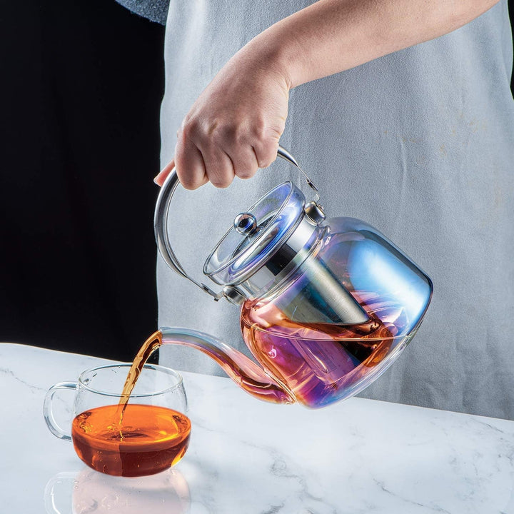 Skanto | 50 Oz(1500Ml) Glass Teapot with Lid, Removable Stainless Steel Tea Strainer and Handle, Stovetop Safe Tea Maker for Blooming and Loose Leaf Tea (Iridescent)