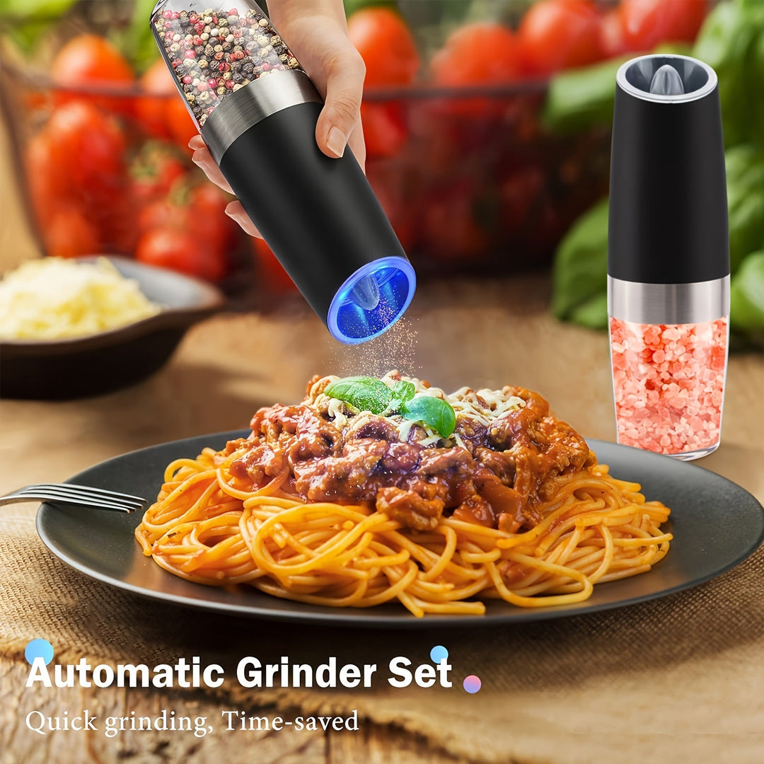 Skanto | Gravity Elektrisk Salt- og Pepperkvern Sett: Batteridrevet med LED-lampe, en-hånds automatisk betjening, justerbar grovhet, svart - Kjøkken Gadget Gaveidé