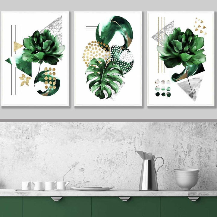 Abstrakt grønt og gull blomstersett med 3 kunsttrykk