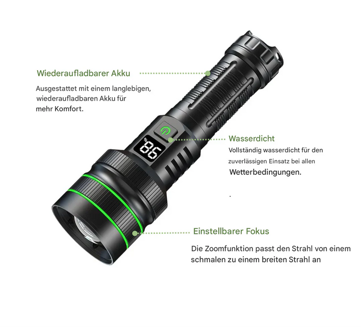 Skanto | Ekstremt lyssterk og zoombar LED-lommelykt med powerbank-funksjon for utendørs eventyr