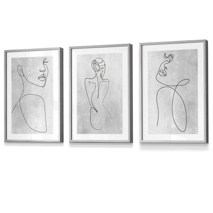 Abstrakt linjekunst kvinne grå veggkunstsett med 3 innrammede trykk